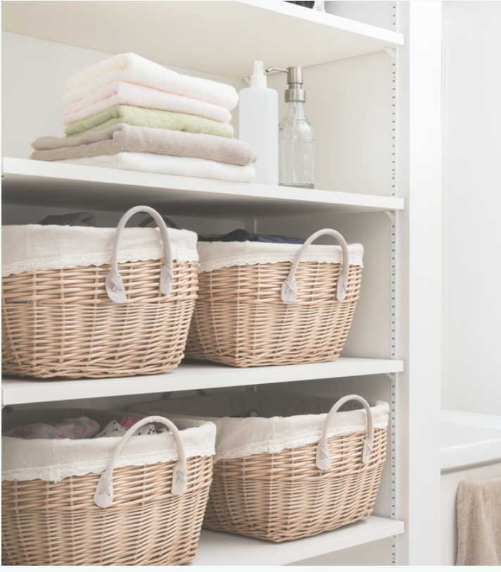 sorted baskets on shelevs